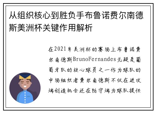 从组织核心到胜负手布鲁诺费尔南德斯美洲杯关键作用解析