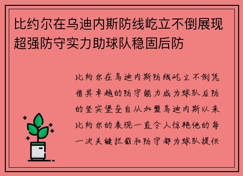 比约尔在乌迪内斯防线屹立不倒展现超强防守实力助球队稳固后防
